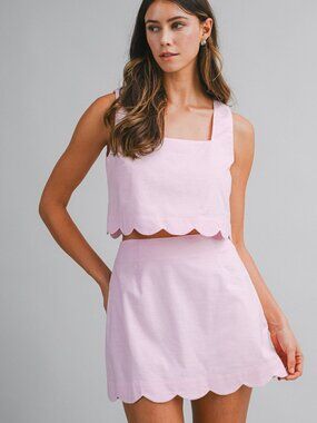 NWT Mable Soft Baby Pink Linen Blend Two-Piece Scallop Crop Top & Mini Skirt Set